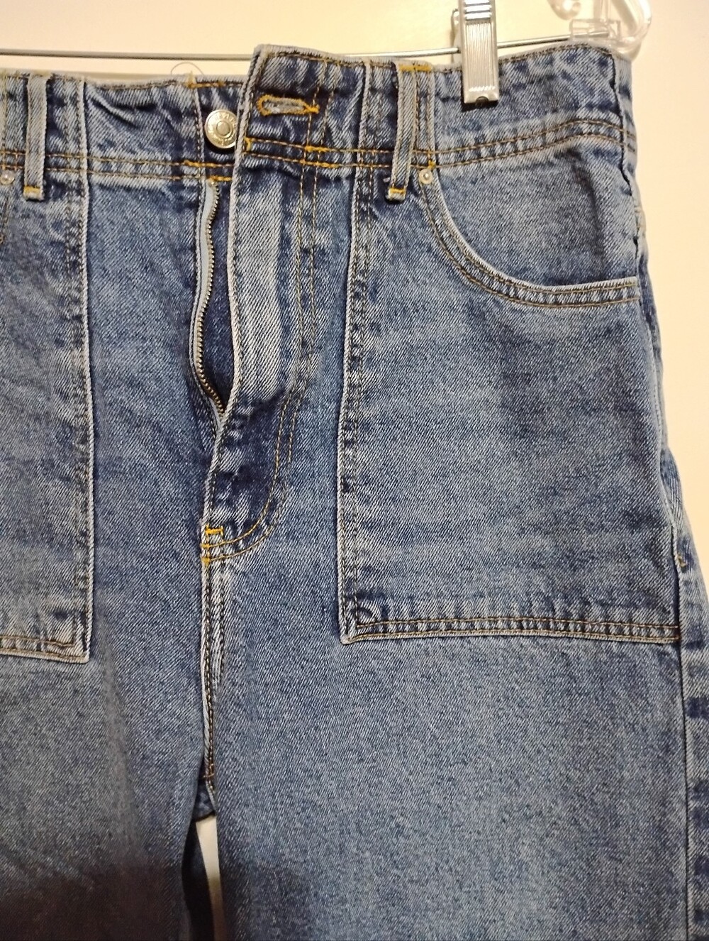 FOREVER 21 Women's Wide-Leg Blue Denim Jeans Front Applied Featured Pockets 26 - Picture 5 of 7